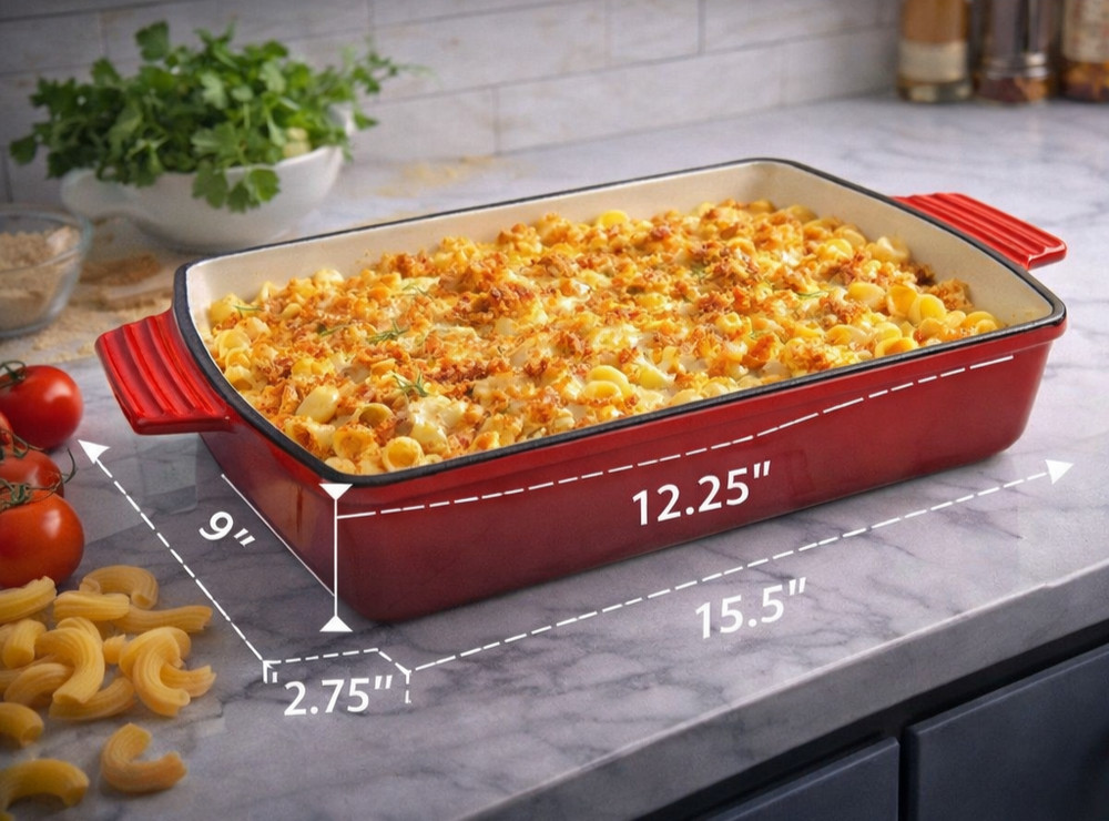 Enameled Cast Iron Roasting Pan Baking Dish – Oven Safe, Nonstick, Red