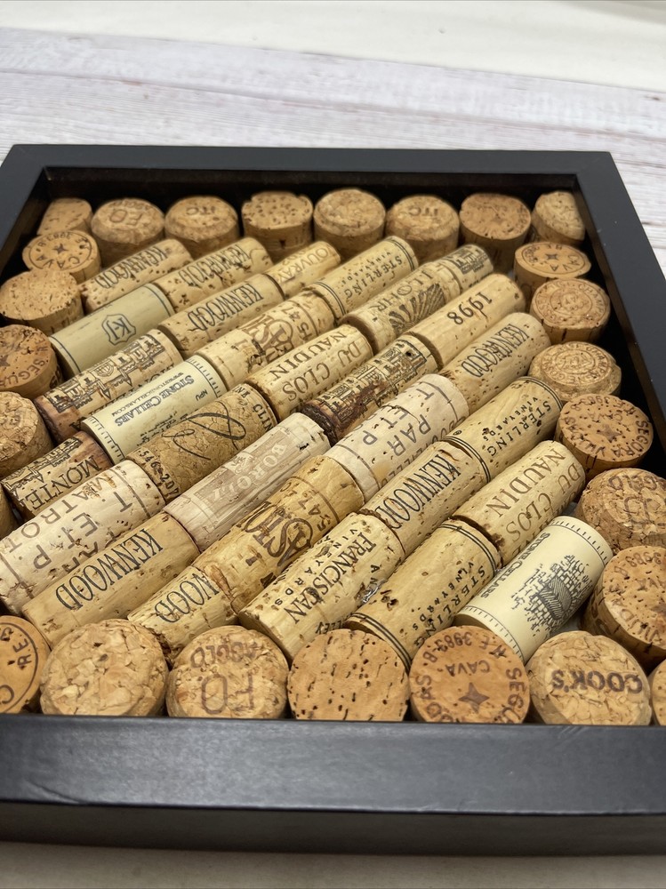 57 Assorted Wine Bottle Corks In Wood Frame 10"Tall x 10”W