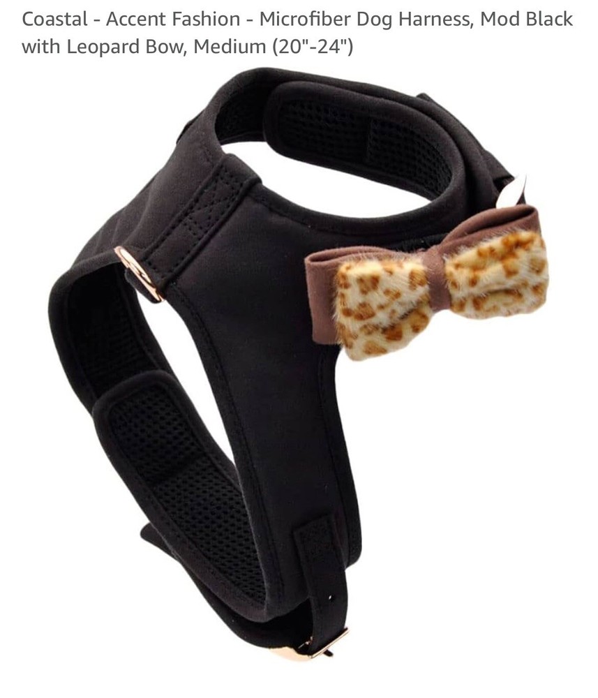 Coastal Accent Black Harness W/Leopard Bow  Medium M 20”-24” NWT