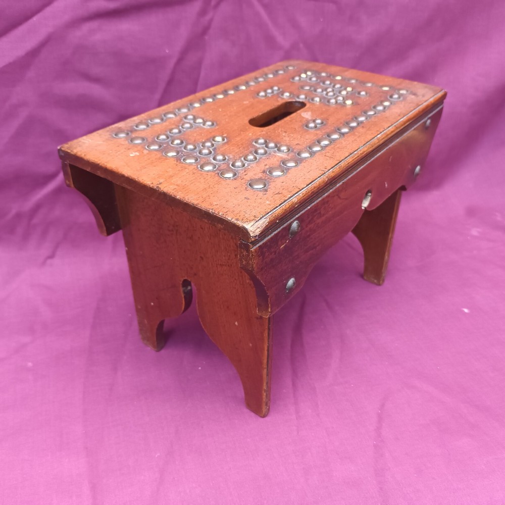 Small Antique Treen Studded Cracket style Stool marked 'E W'
