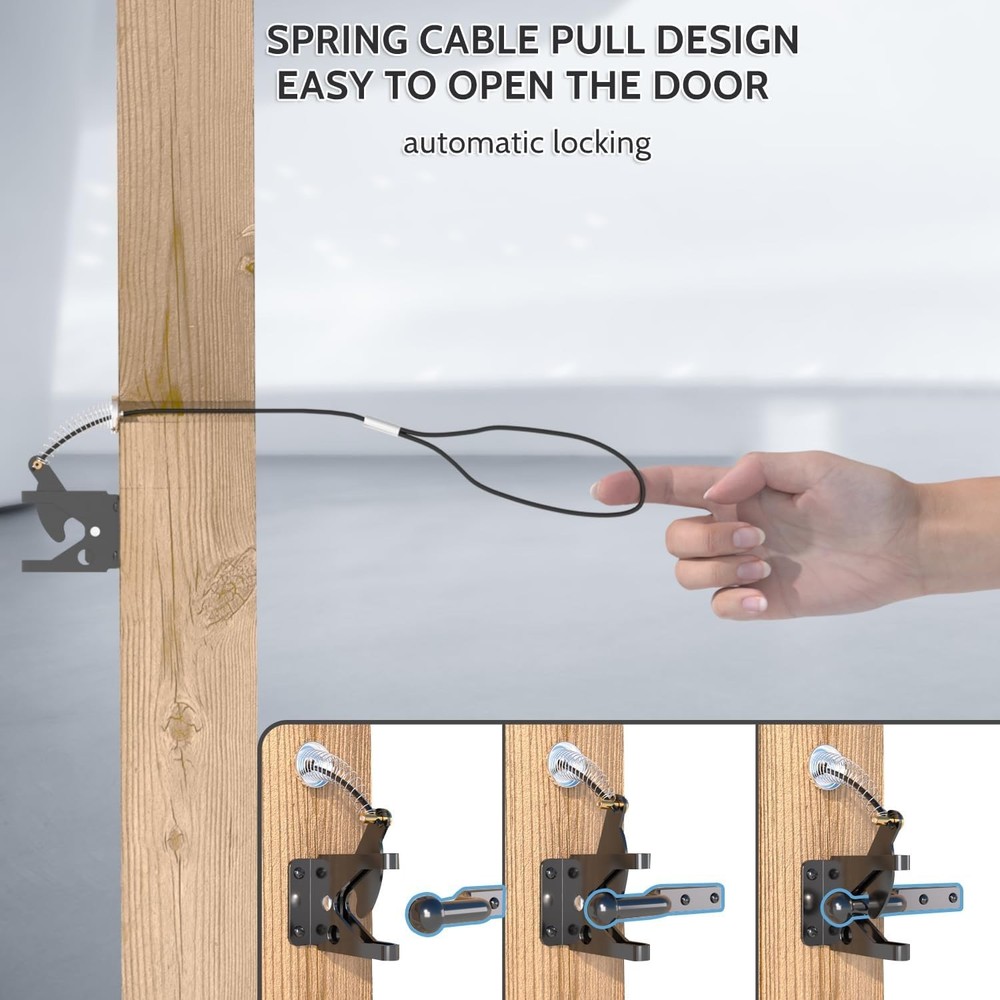 Gate Latch with Spring Cable Pull for Fence Gate - Carbon Steel - Black,Self Loc