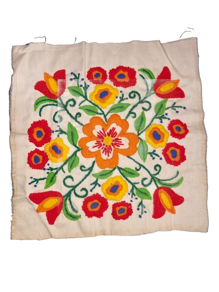 Vintage Primitive Bright Flowers Completed Cross Stitch Needlework Embroidered