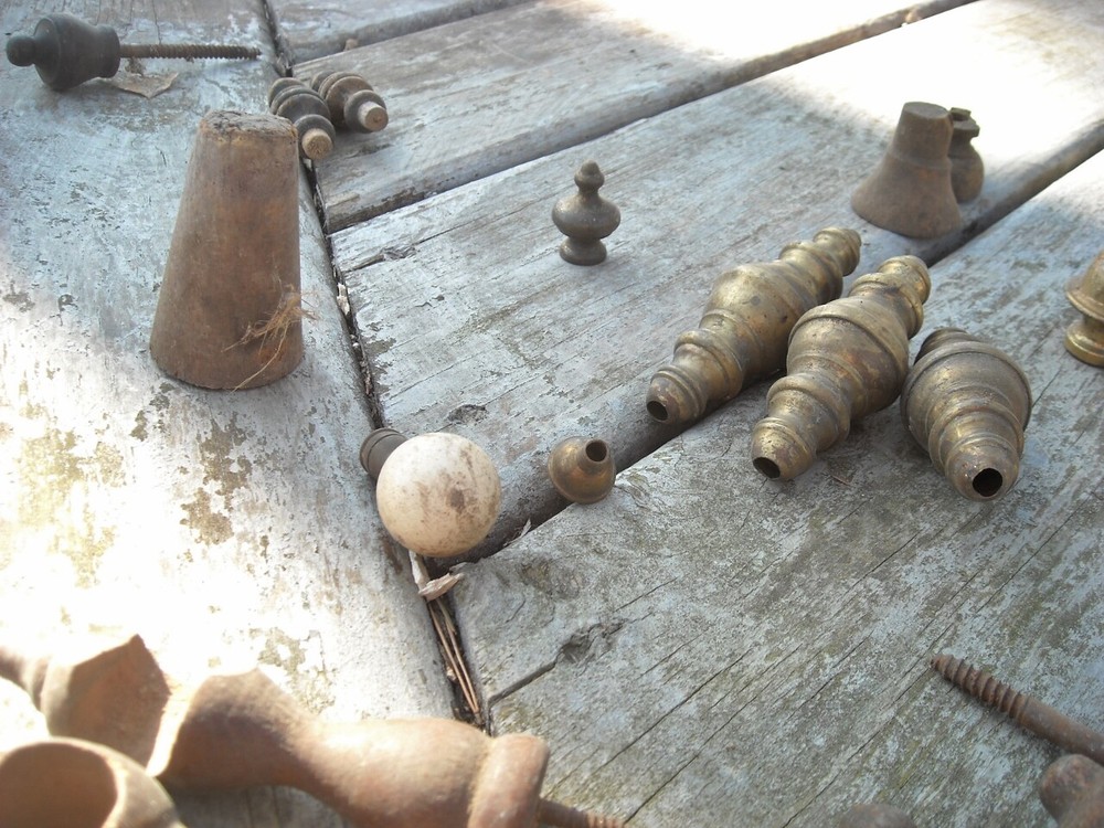 Thirty Five Small Wood & Brass Mostly Finial Type Spindles