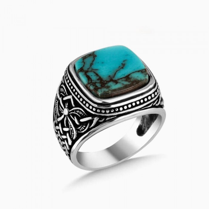 925 Sterling Silver Solid Turquoise Gemstone Men's Handmade Ring