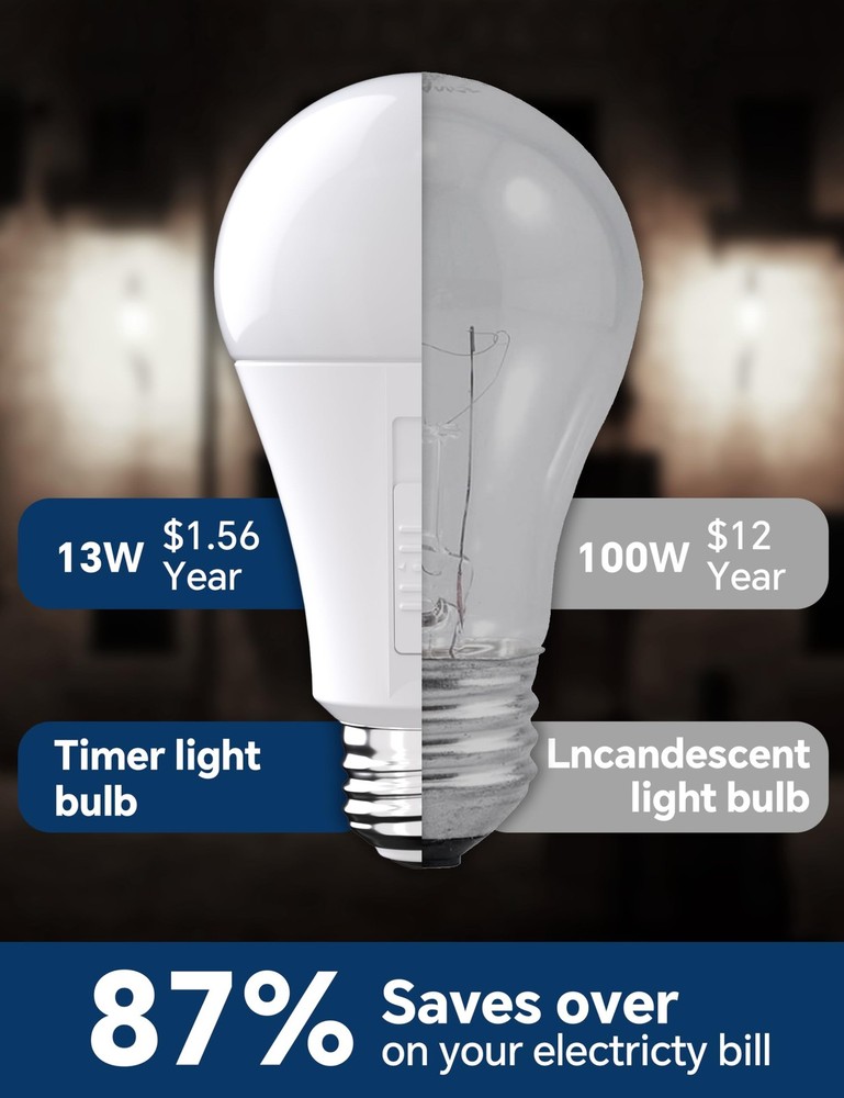Timer Light Bulbs (4-Pack), 2 Mode: Auto On/Off (1H/3H/6H/12H) or General E26...