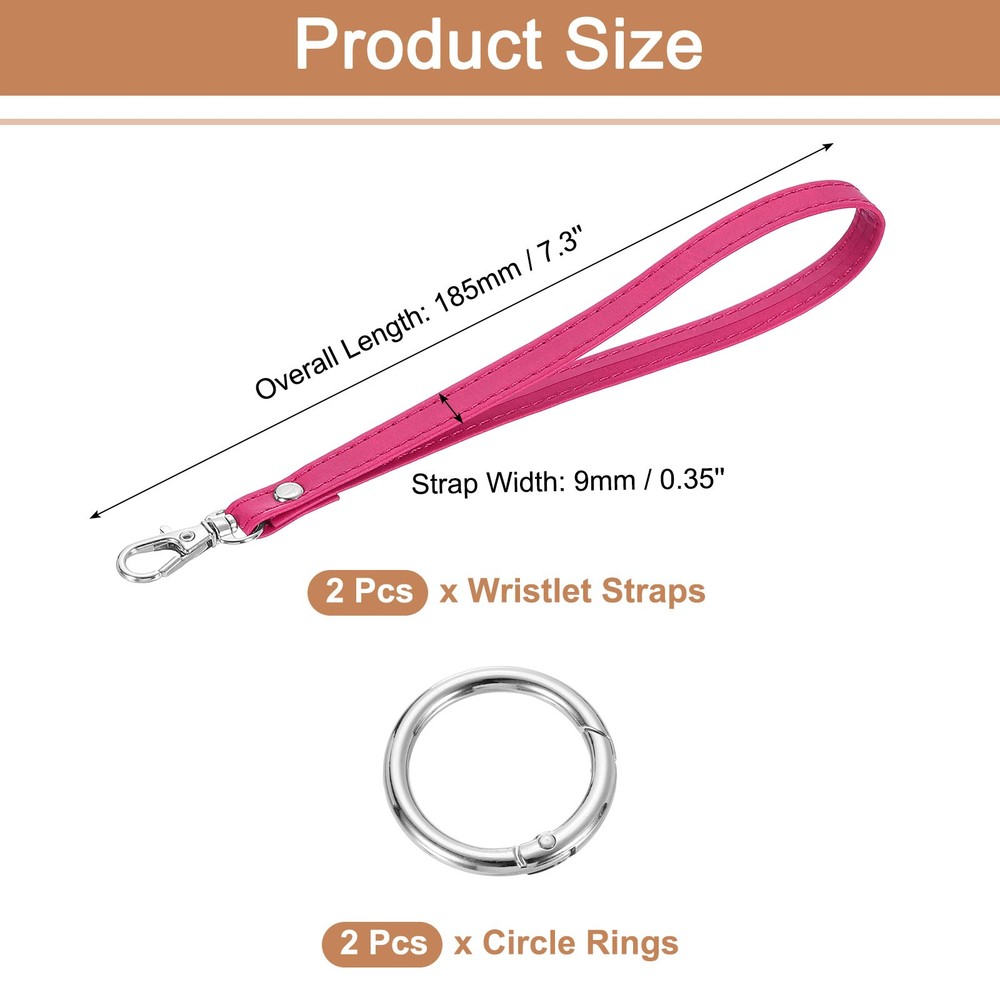 2 Pcs Wristlet Strap, PU Keychain Hand Strap with Circle Ring, Rose Red
