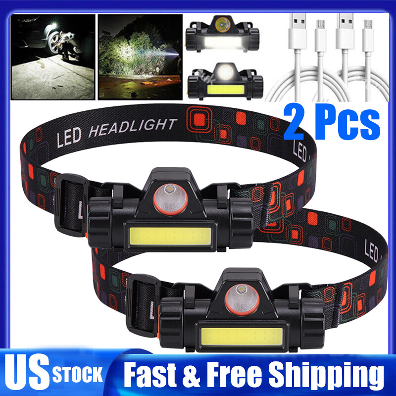 2X COB LED Headlamp Headlight USB Rechargeable Waterproof Head Light Flashlight