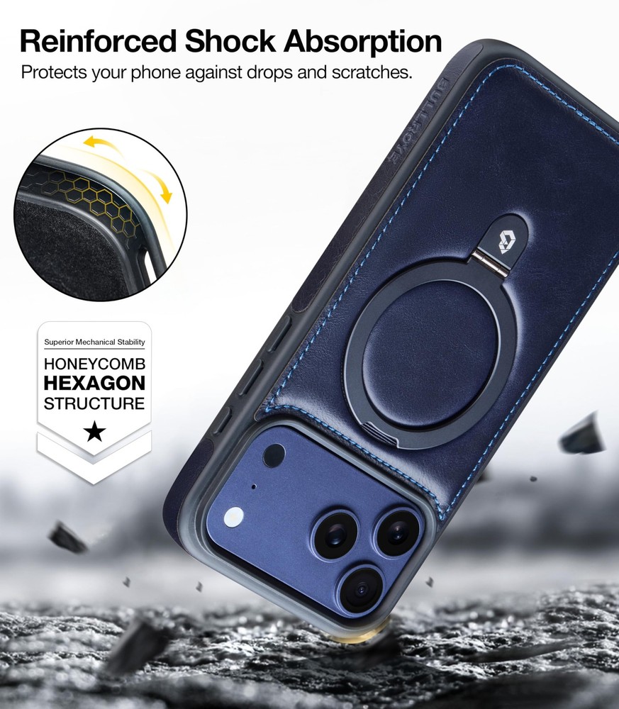 Bullroye iPhone 17 Pro Leather Case Stand MagSafe Deep Blue