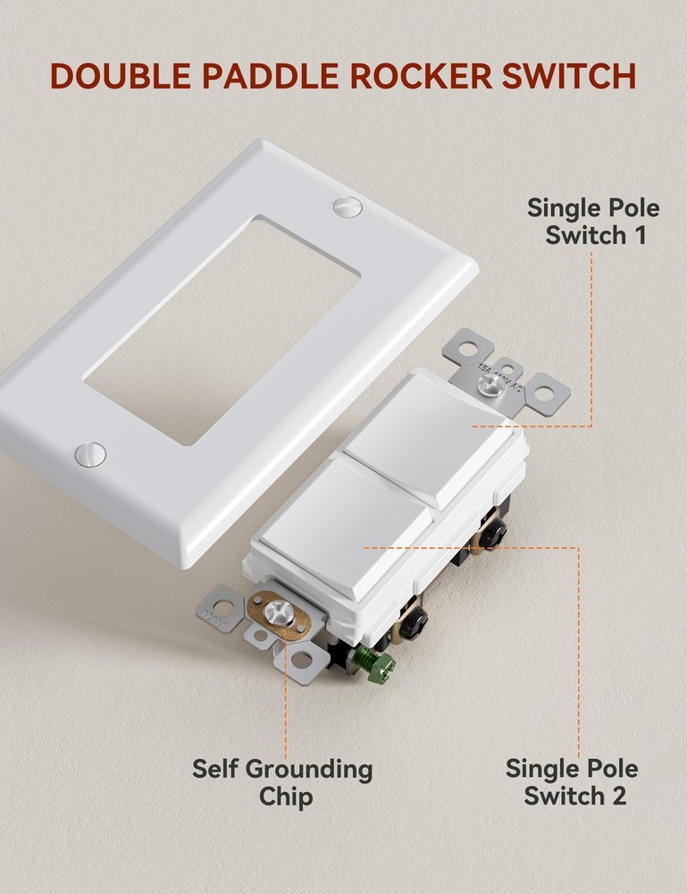 AIDA Single Pole Double Paddle Rocker Decorator Light Switch, 15 Amp Self-gro...