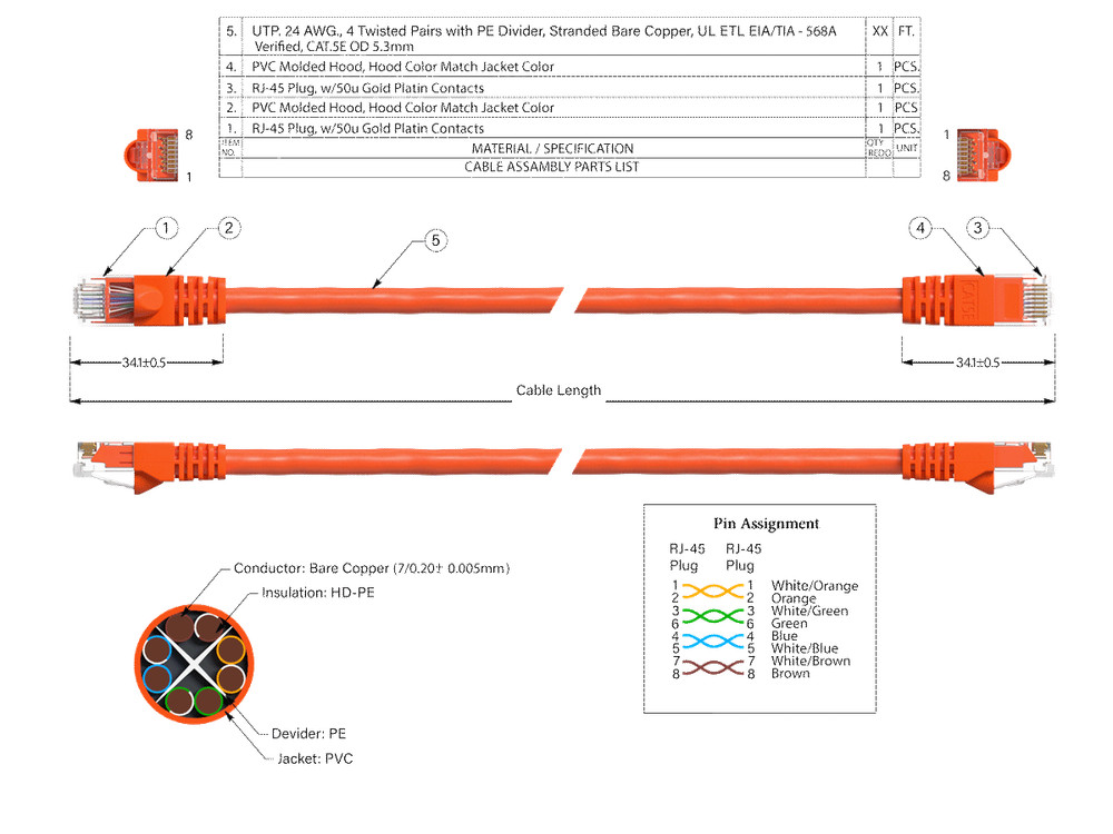 100ft Cat5e UTP Ethernet Network Patch Cable Snagless 24AWG Bare Copper, Orange