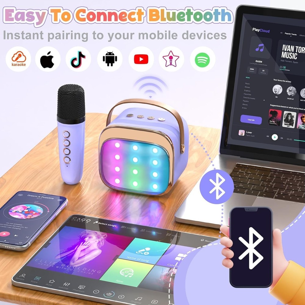 Mini Karaoke Machine for Kids, Portable Bluetooth Speaker with 2 Wireless Mic