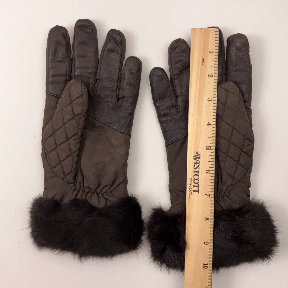 Dark Brown Quilted Pattern Polyester Winter Gloves With Fuzzy Cuff