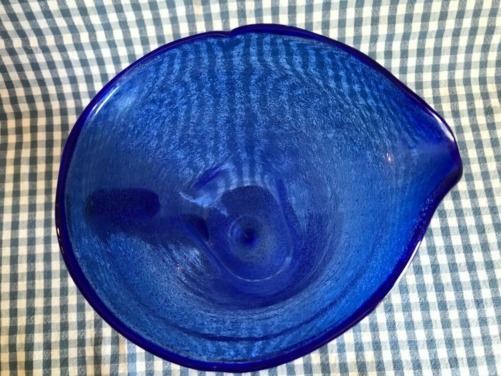 HAND BLOWN BUBBLE GLASS ~ COBALT BLUE FOOTED WATER PITCHER ~ FUSED HANDLE ~