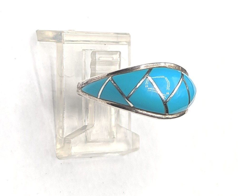 Sterling Silver Signed JJ Turquoise Blue Inlay Zig Zag Ring Size 6