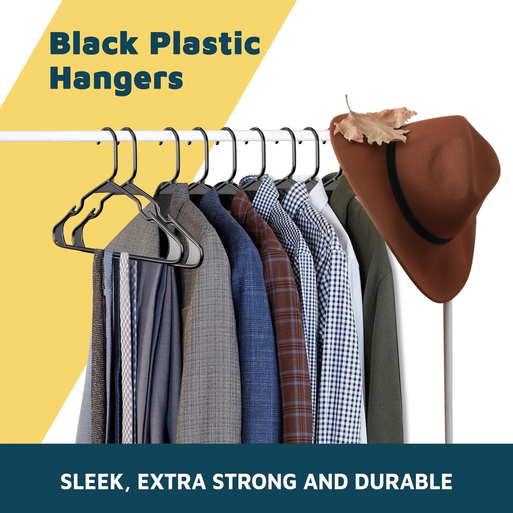 50 PCS Black Plastic Clothes Hanger Set Versatile Slim Space-Saving Non-Slip