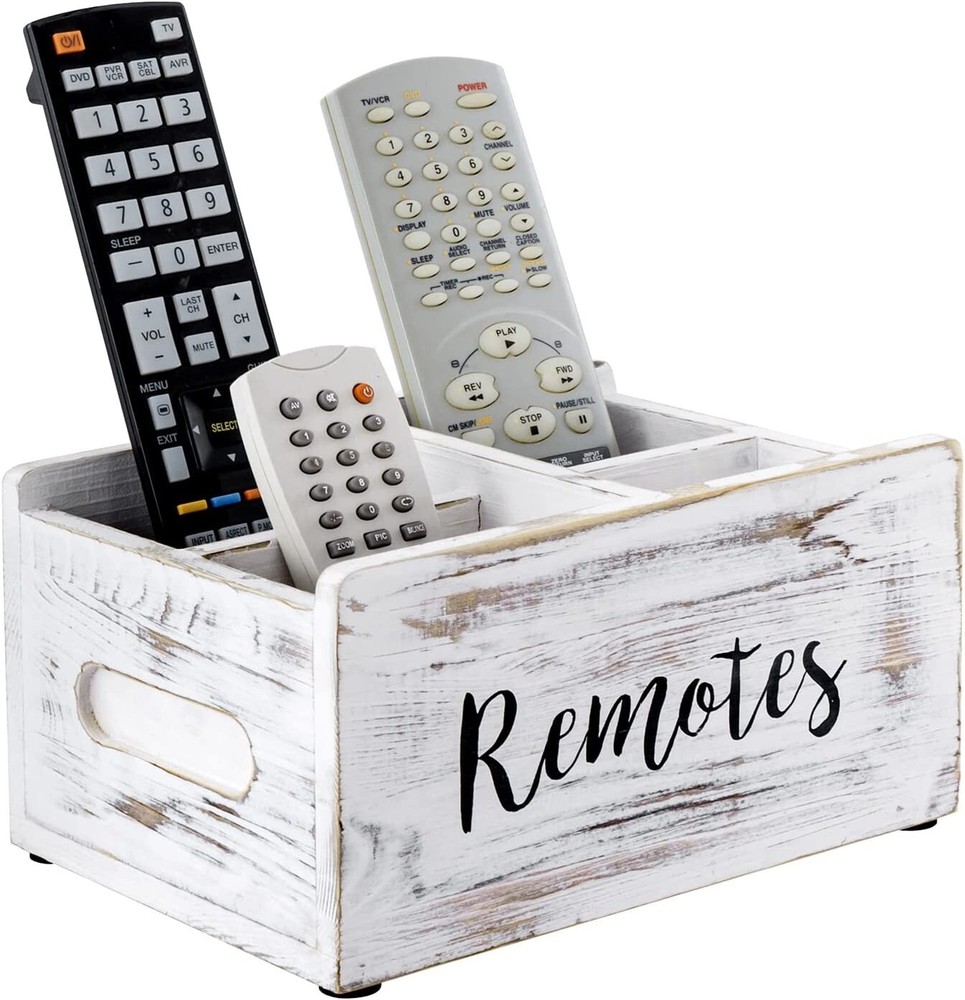 Whitewashed Wood Remote Control Holder Organizer / Tabletop Media Storage Caddy