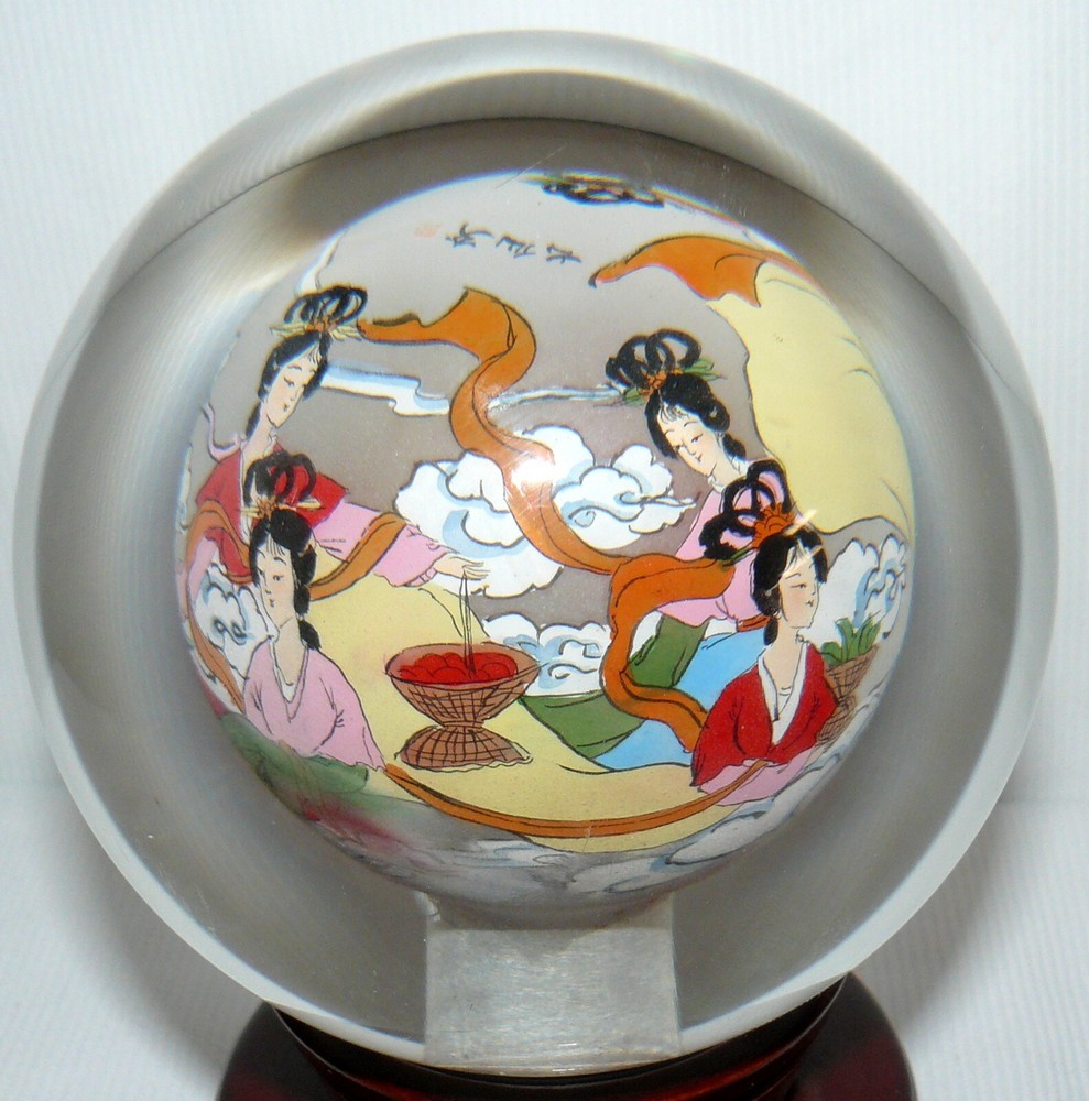 Chinese Reverse Painted Rotating Crystal Ball On Stand