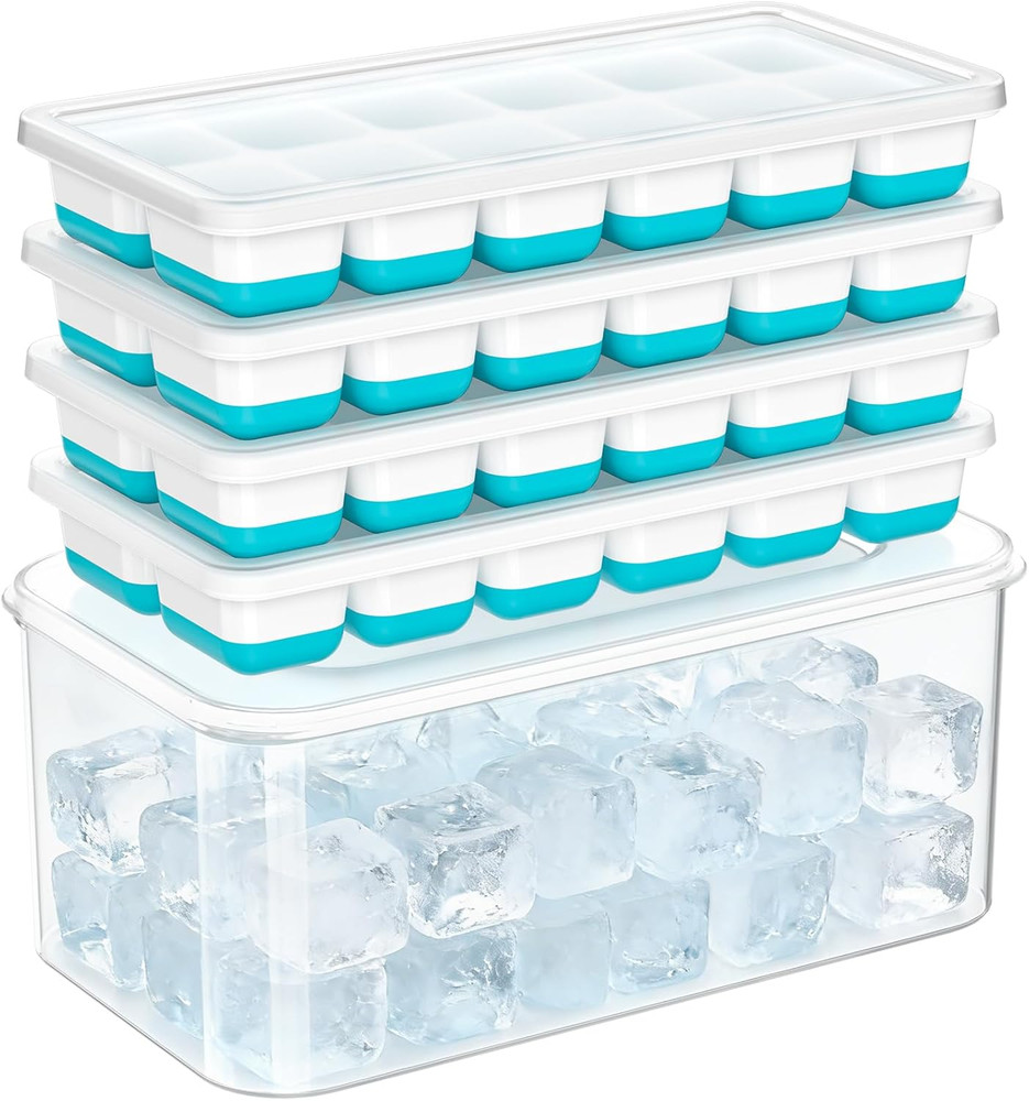 Ice Cube Tray with Lid & Bin - 4 Pack 48 Cubes Stackable Silicone Trays NEW US