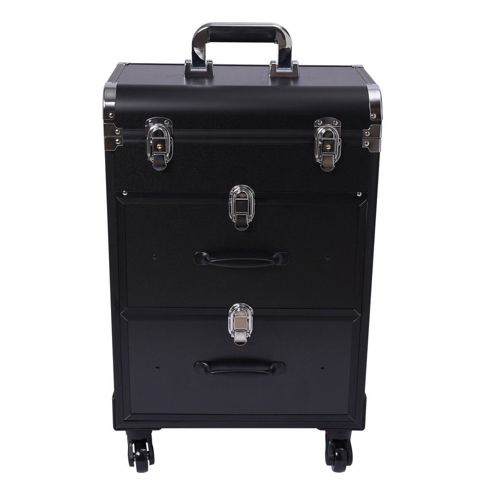 Black Cosmetic Storage Case Organizer Trolley Lock Rolling Makeup Train Case