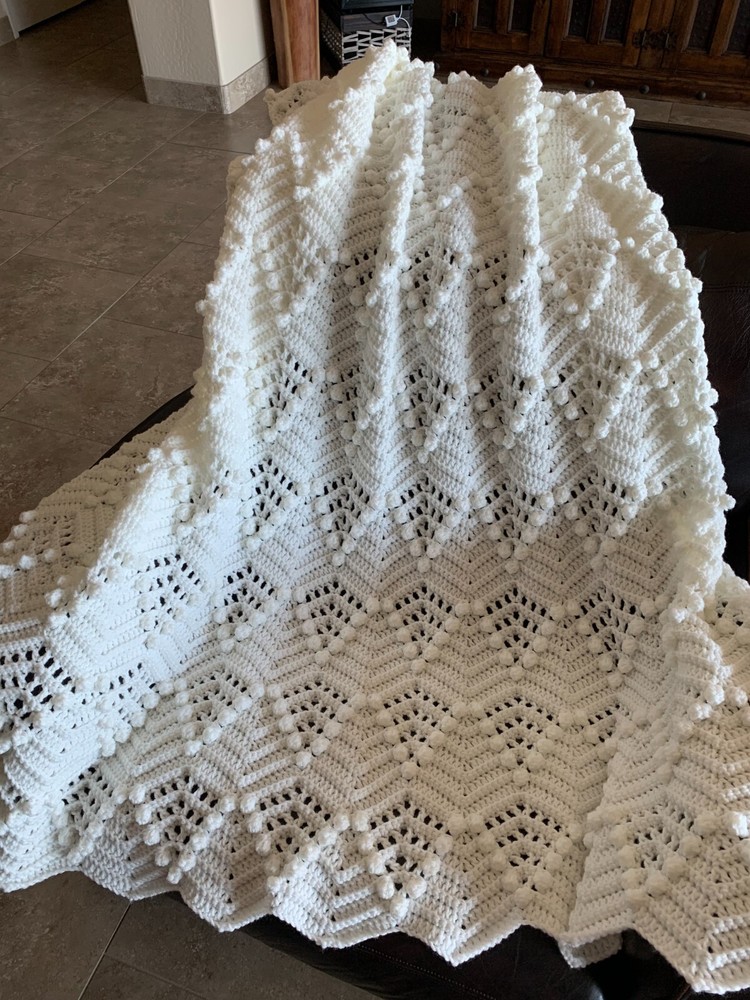 Handmade Home Crocheted Afghan - Bobble Ripple (Soft White)