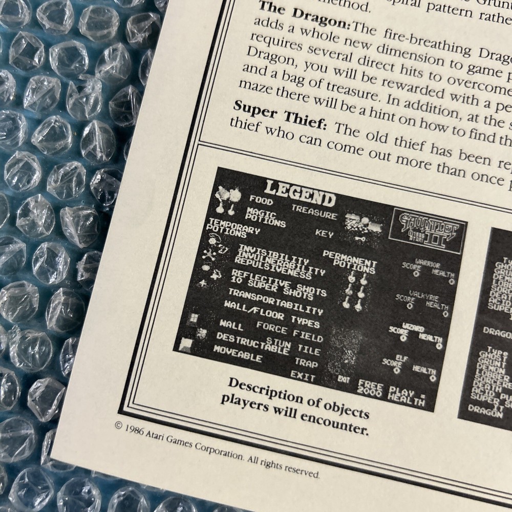 original Gauntlet 2 Player Tips Sheet Atari Vintage Arcade Video game manual