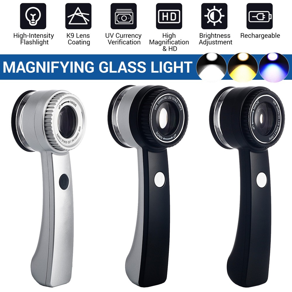 10X Handheld Magnifier with Adjustable Focus & Dimmable LED Light for Gems Coins