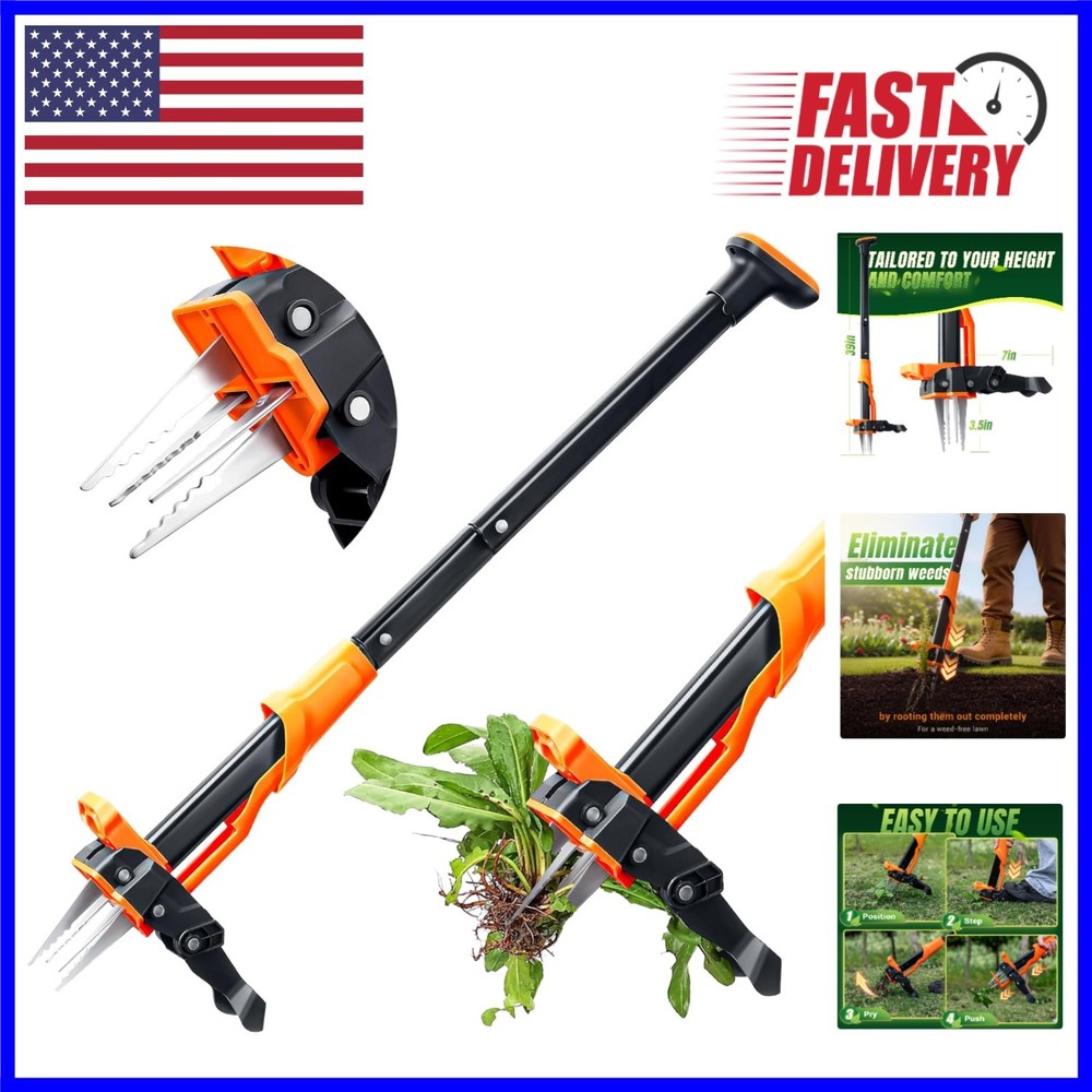 Heavy-Duty Weed Puller Tool - 39-46 Inch Adjustable Handle, No Bending Needed