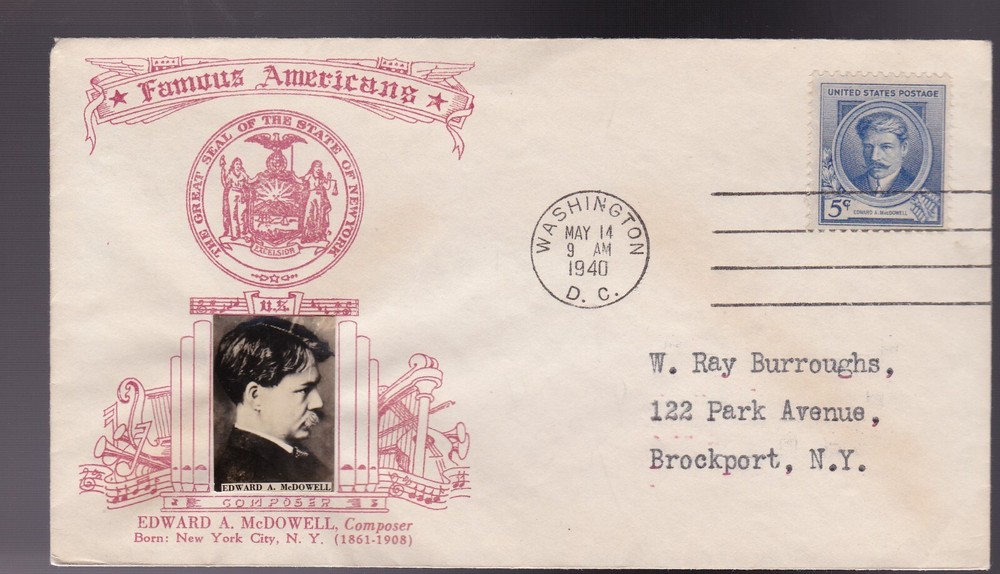 EDWARD McDOWELL #882 US SECOND DAY COVER 1940, CROSBY CACHET FDC WASHINGTON DC