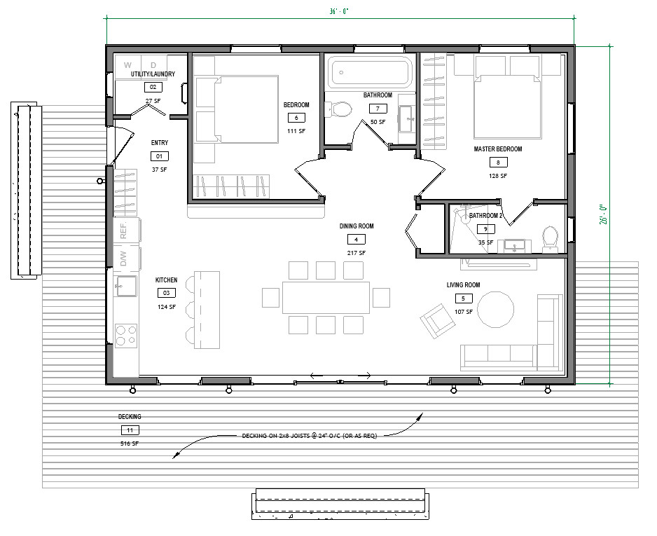 26’x36’ Lean Cabin Architectural Full Set Plan,Modern Cottage Construction Blue