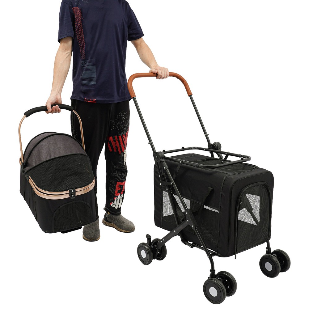 Two-Tier Pet Stroller for Dogs & Cats, Holds 77 lbs, Foldable, Black