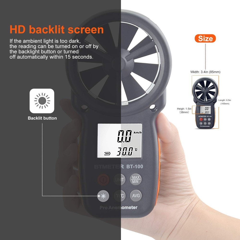 BTMETER BT-100 Handheld Anemometer, Digital Wind Speed CFM Anemometer