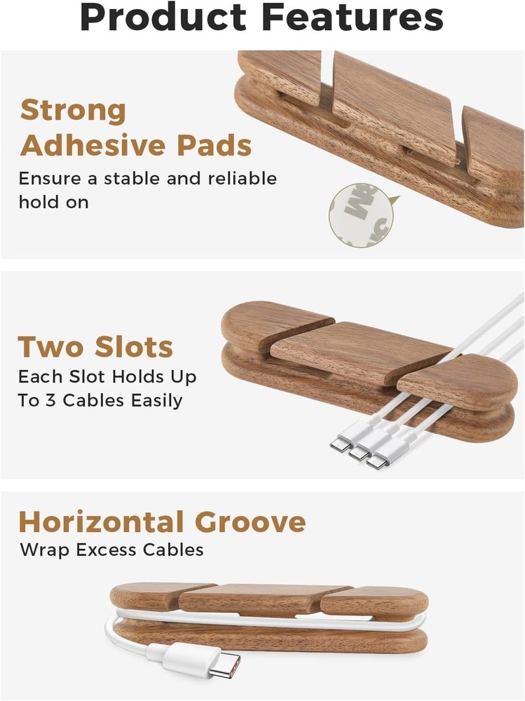 Solid Walnut Cable Holder Adhesive Wood Cord Organizer