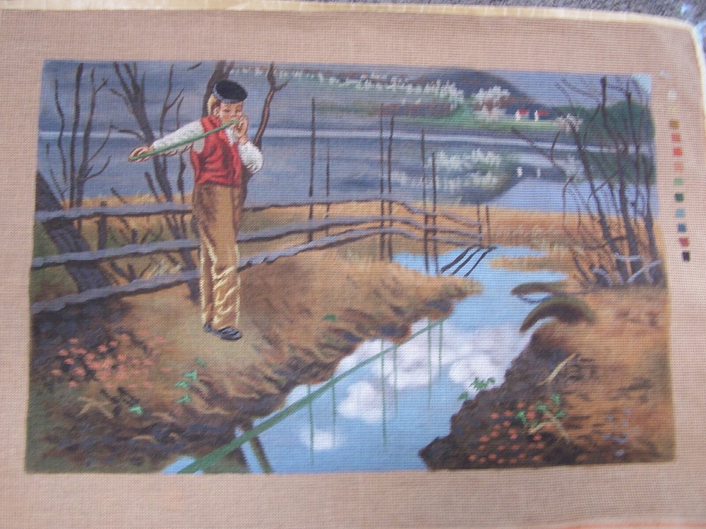 Needlepoint Hand painted canvas Boy Playing Flute