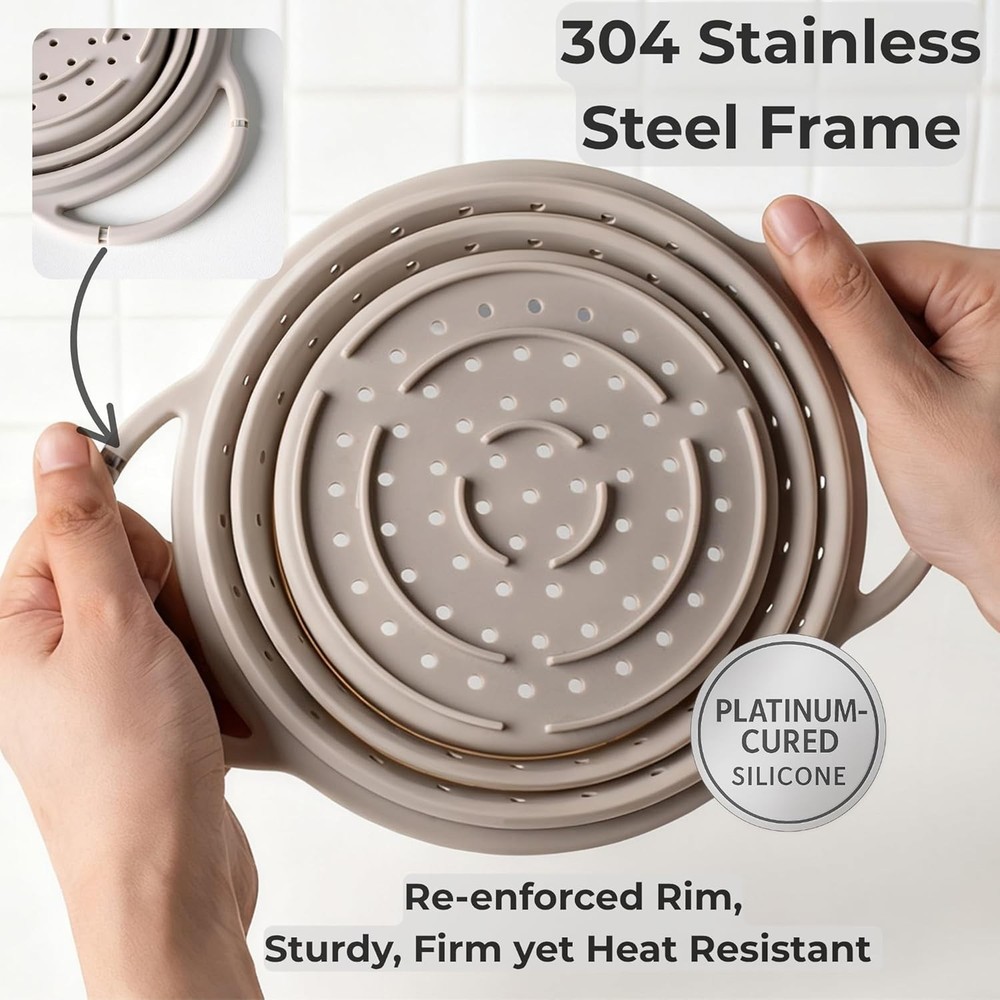 Silicone Colander Set – Collapsible Platinum Silicone Strainer with Stainless St