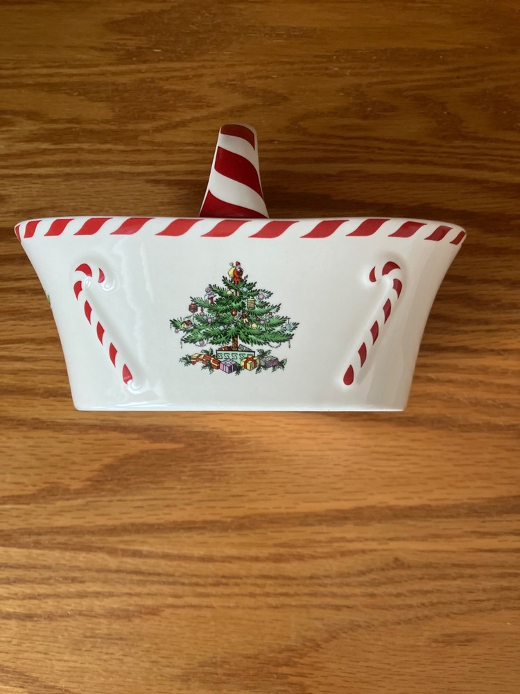 Spode Christmas Tree Peppermint Handle Basket Candy Dish 6.5" MINT IN BOX WOW