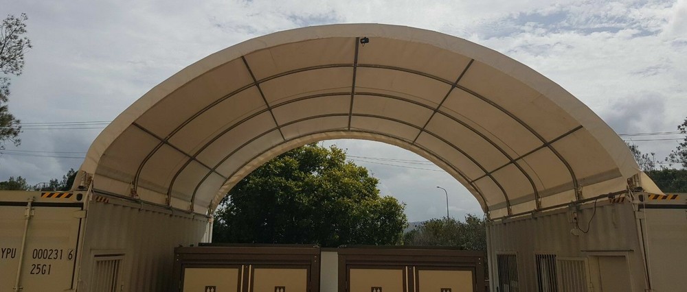 20x20 PVC Fabric conex container mounted shelter + High Cube Back Wall With Vent