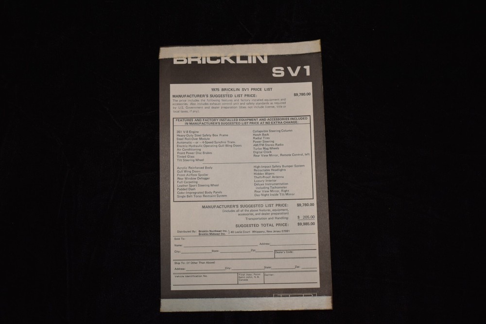 1975 Bricklin SV1 Original Window Sticker SV-1