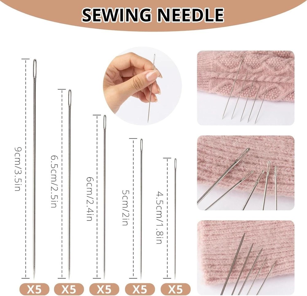 37 Pcs Big Eye Steel Sewing Needles Kit with Threads, Threader & Thimble