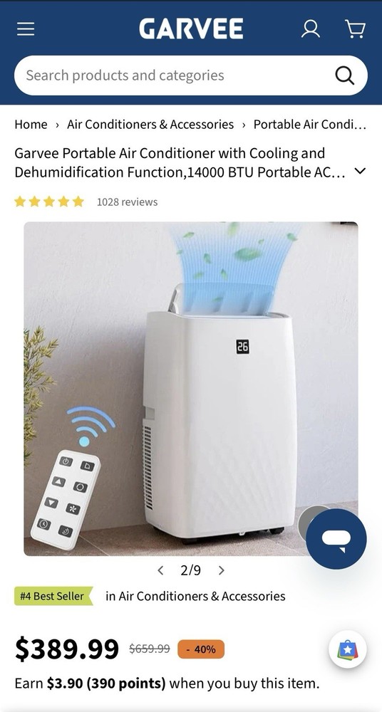 Garvee 14000 BTU Portable Air Conditioner, Dehumidification, Remote, White