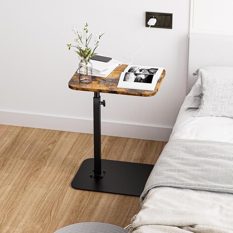 Adjustable C Shaped Side Table Sofa Easy Assembly Space Saving Tray Table Brown