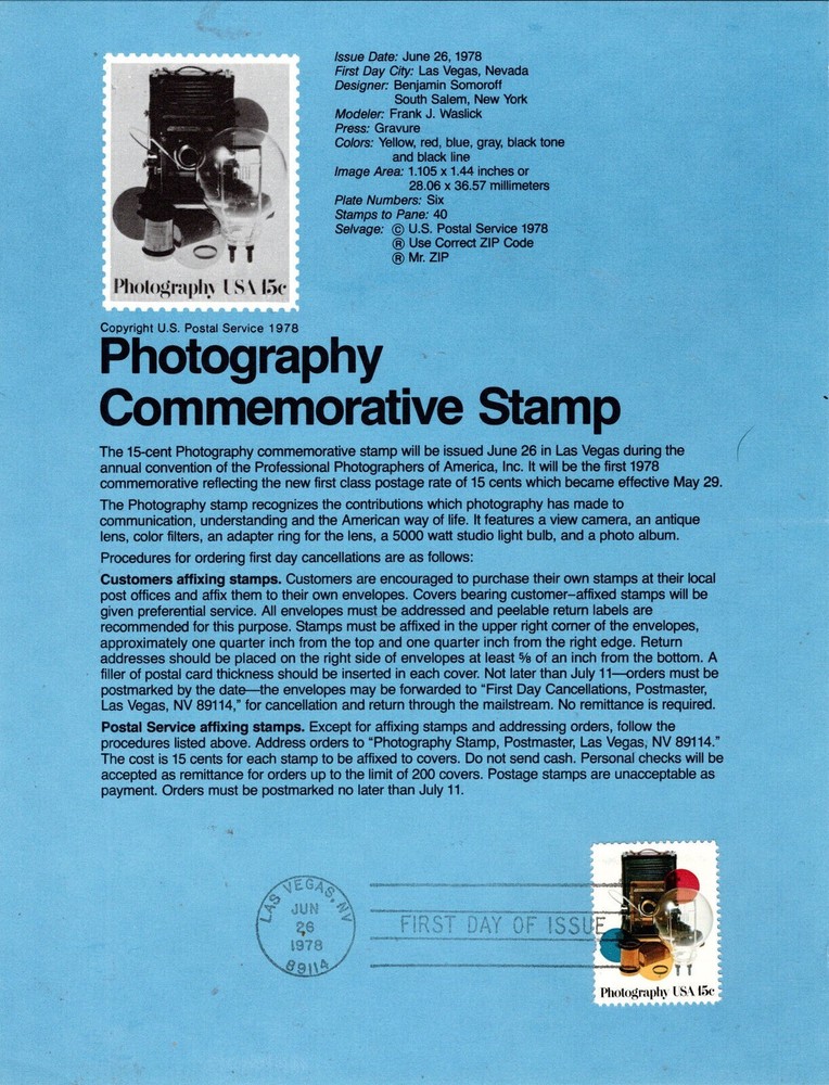 PHOTOGRAPHY OLOD CAMERA  1978 USPS FD Souvenir Page #1758