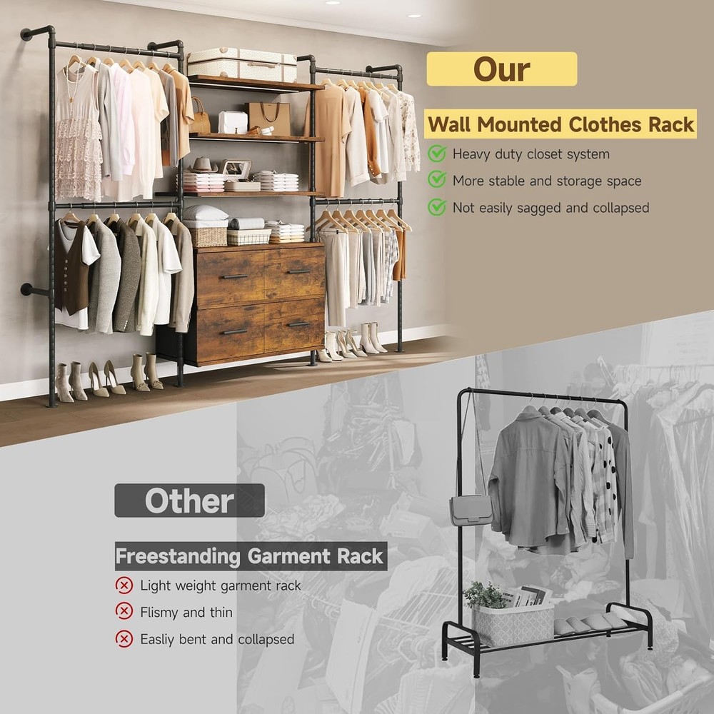 Closet System W/ Stepless Dimmable LED Light Industrial Pipe Clothing Rack