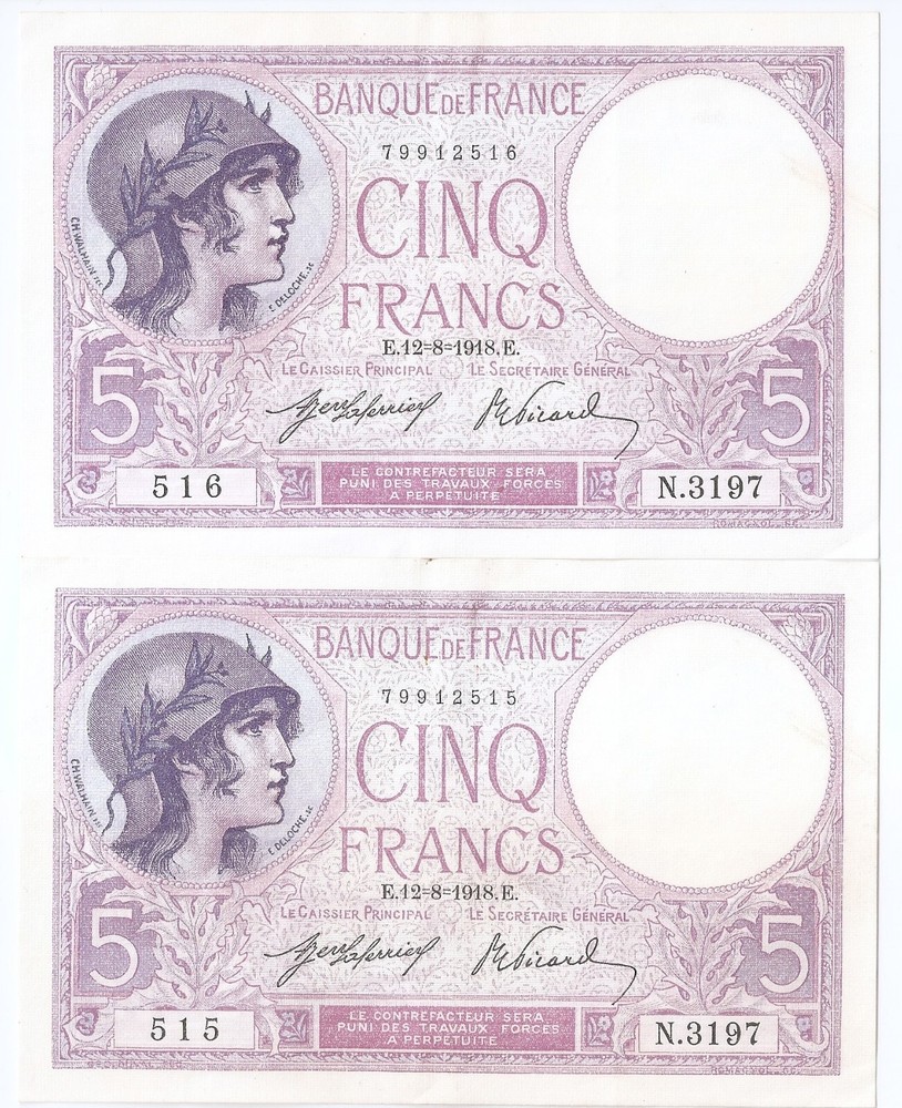 France 5 francs E.12=8=1918.E.  Consecutive  aUNC!!!
