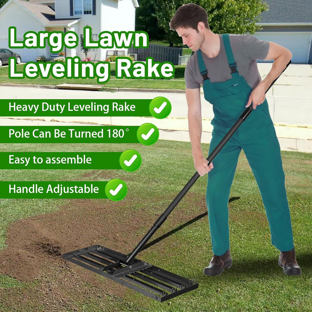 Lawn Leveling Rake 34"X10",Lawn Leveling Tool with 68" Long Adjustable Stainless