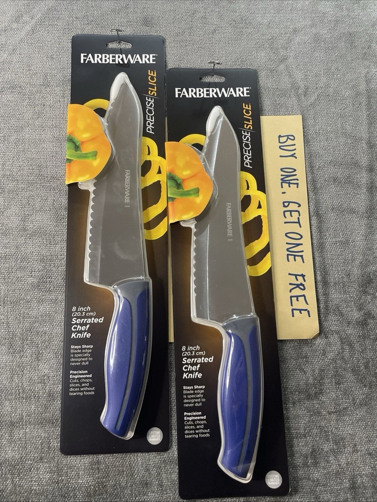 Farberware Precise Slice 8” Serrated Chef Knife w/Blue & Gray Handle BOGO