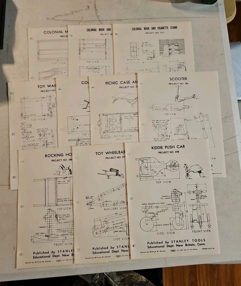 Vintage Stanley Tools Project Sheets.  Lot Of 10.. Shop Class Project Ides