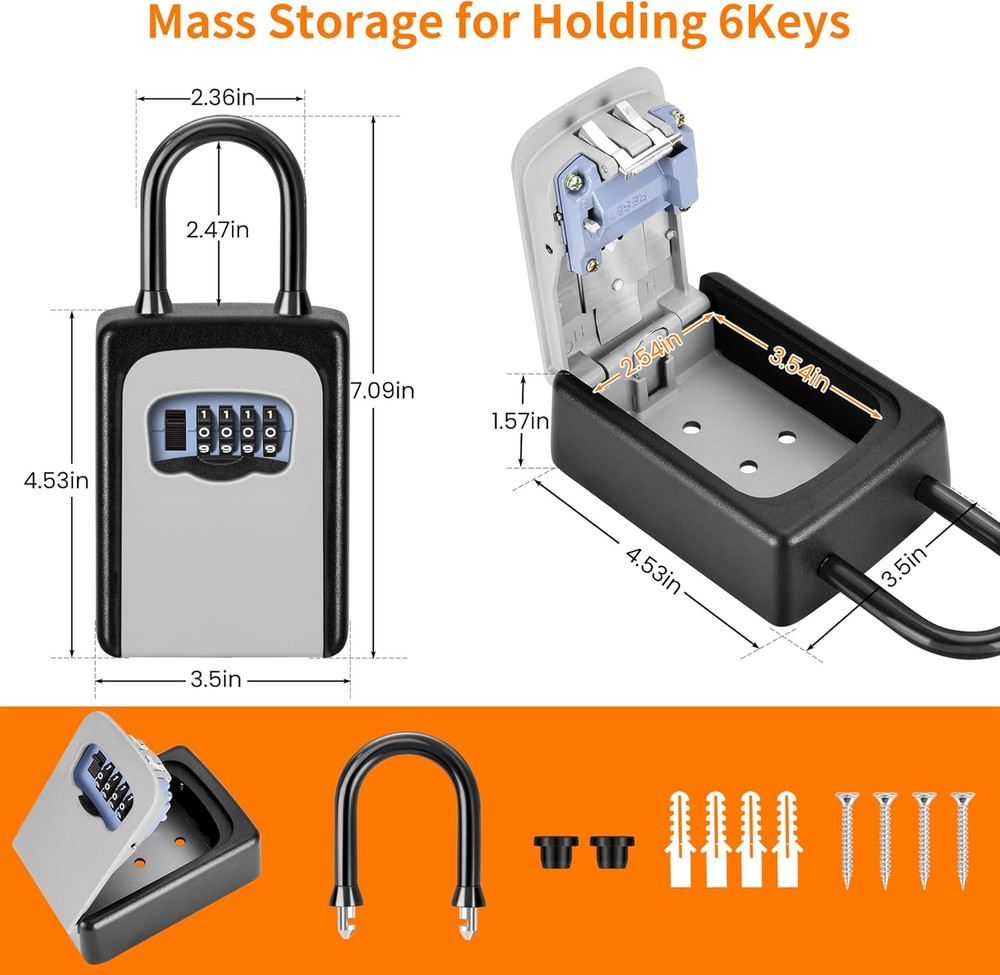Portable Key Lock Box | 4-Digit Resettable Code | Wall Mount | Gray
