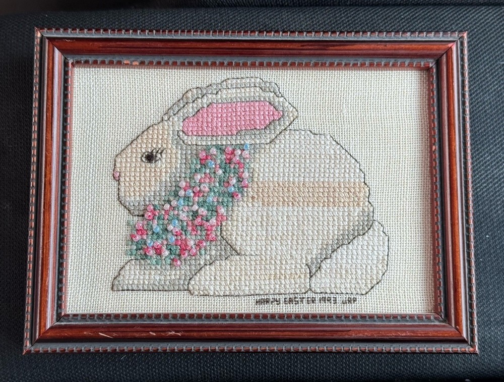 Bunny Rabbit Completed Cross Stitch Framed Finished Beads Easter Small 5”x4”