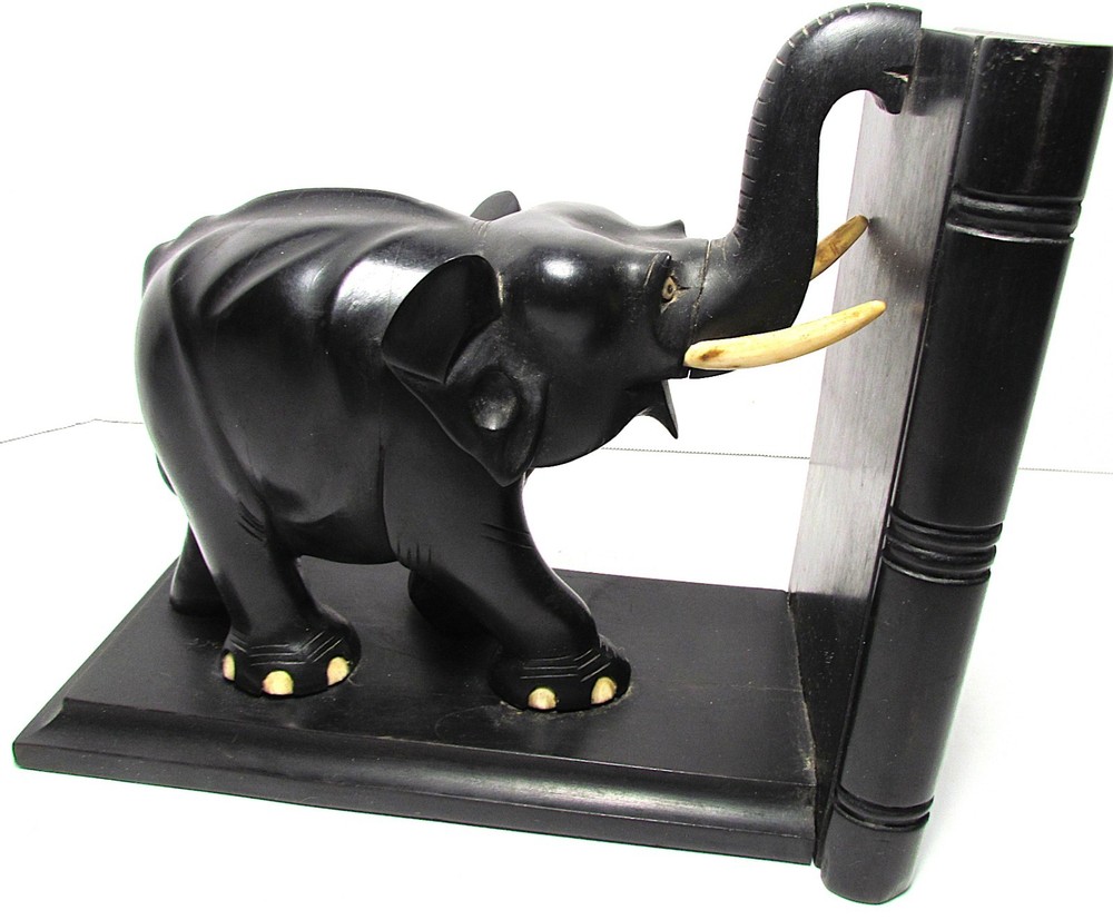 VINTAGE CARVED EBONY ELEPHANT BOOKENDS 7X8X4"