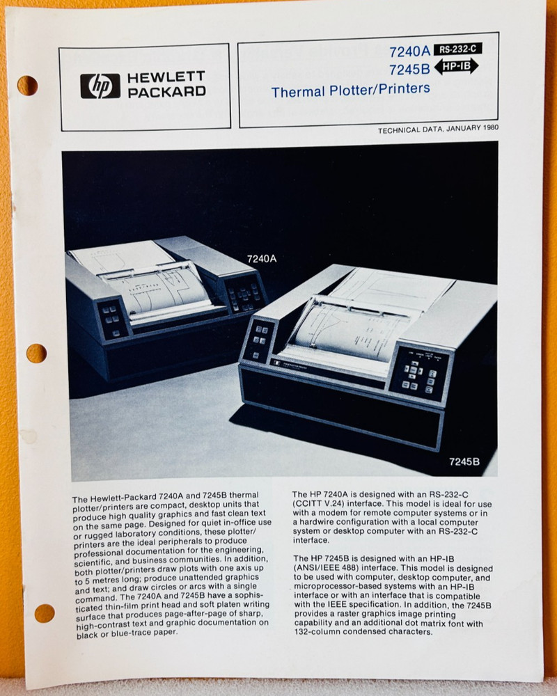 HP 5953-4049 Models 7240A/7245B Thermal Plotter/Printers Technical Data Manual.